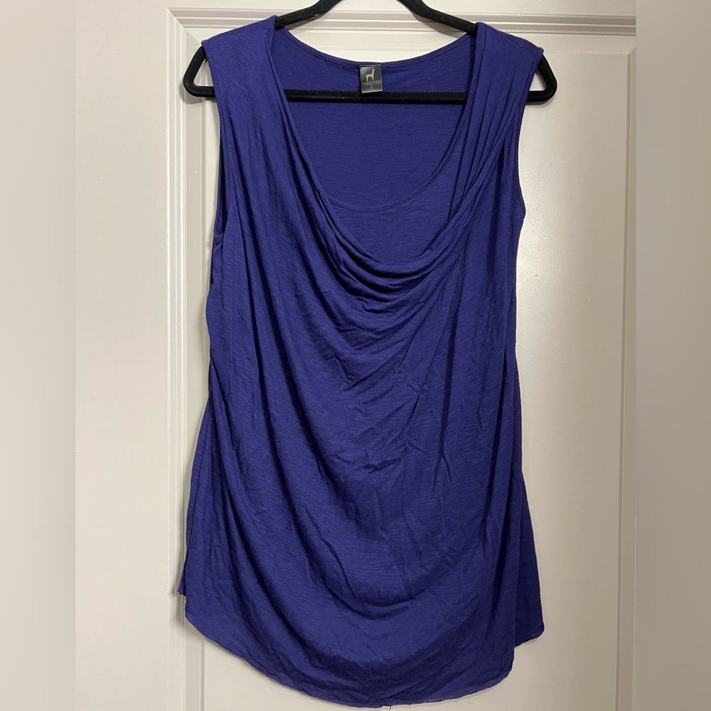 Peruvian Connection Indigo Blue Gathered Neck Sleeveless Tunic Small Linen Blend